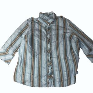 Lane Bryant Striped Ruffle Front Button Up Blouse Blue Brown Plus 22/24